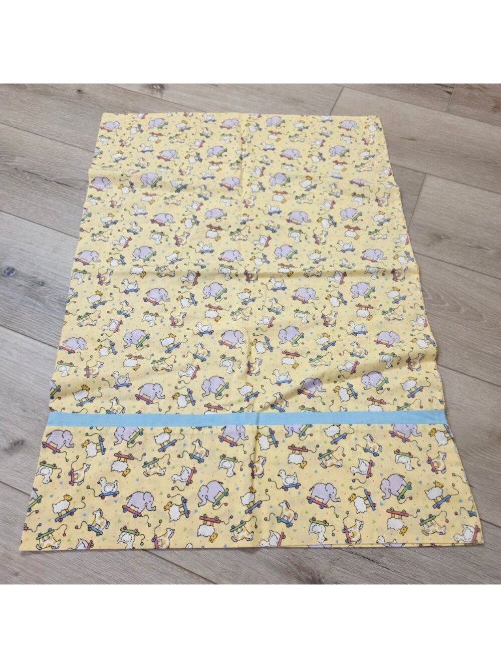 Vtg Yellow Hand Made Animal Print Nursery Elephants Horses Sheep Pillowcase